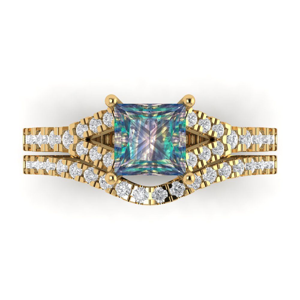 3.4 cttw Princess Cut Blue Moissanite Bridal Set - Solid Yellow Gold Engagement Ring & Wedding Band
