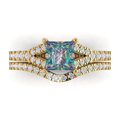 3.4 cttw Princess Cut Blue Moissanite Bridal Set - Solid Yellow Gold Engagement Ring & Wedding Band