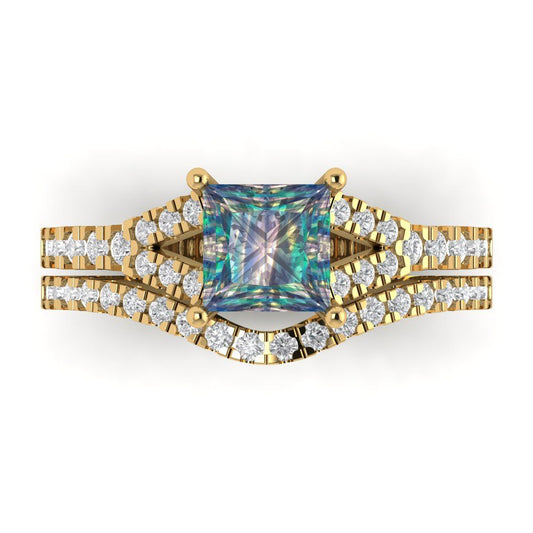 3.4 cttw Princess Cut Blue Moissanite Bridal Set - Solid Yellow Gold Engagement Ring & Wedding Band