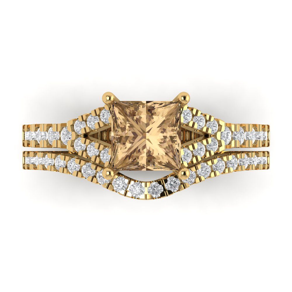 3.4 cttw Princess Cut Simulated Champagne Diamond Bridal Set - Solid Yellow Gold Engagement Ring & Wedding Band