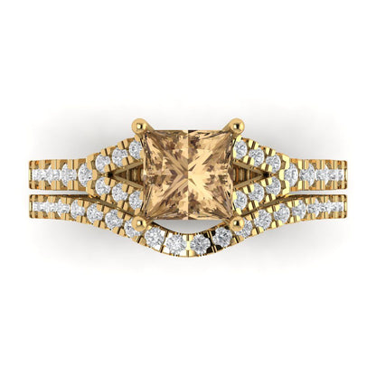 3.4 cttw Princess Cut Simulated Champagne Diamond Bridal Set - Solid Yellow Gold Engagement Ring & Wedding Band