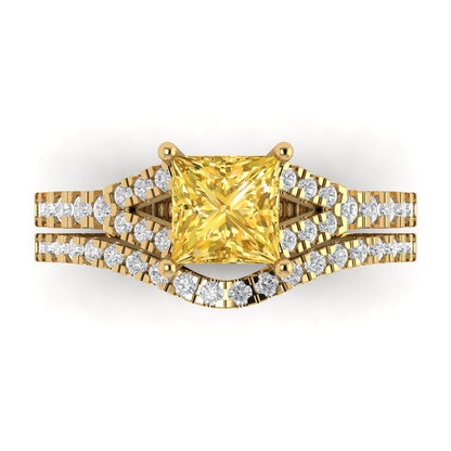 3.4 cttw Princess Cut Natural Citrine Bridal Set - Solid Yellow Gold Engagement Ring & Wedding Band