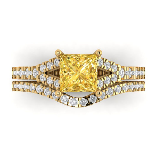 3.4 cttw Princess Cut Natural Citrine Bridal Set - Solid Yellow Gold Engagement Ring & Wedding Band