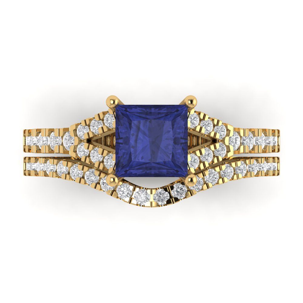 3.4 cttw Princess Cut Simulated Tanzanite Bridal Set - Solid Yellow Gold Engagement Ring & Wedding Band