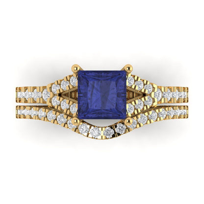 3.4 cttw Princess Cut Simulated Tanzanite Bridal Set - Solid Yellow Gold Engagement Ring & Wedding Band
