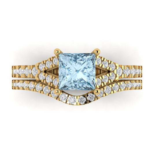 3.4 cttw Princess Cut Natural Aquamarine Bridal Set - Solid Yellow Gold Engagement Ring & Wedding Band