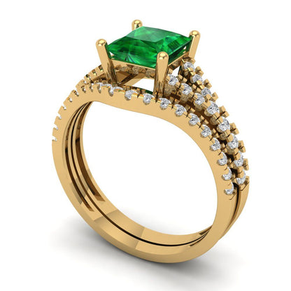 3.4 cttw Princess Cut Simulated Emerald Bridal Set - Solid Yellow Gold Engagement Ring & Wedding Band