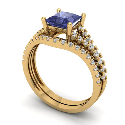 3.4 cttw Princess Cut Simulated Tanzanite Bridal Set - Solid Yellow Gold Engagement Ring & Wedding Band