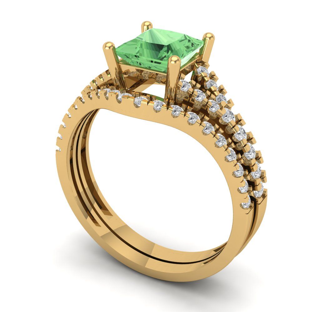 3.4 cttw Princess Cut Simulated Green Diamond Bridal Set - Solid Yellow Gold Engagement Ring & Wedding Band