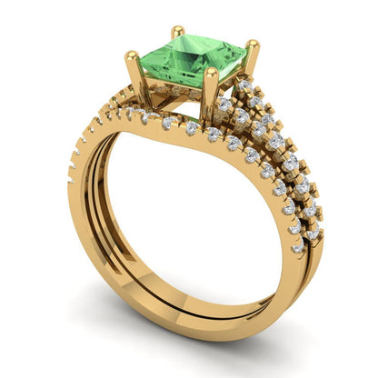 3.4 cttw Princess Cut Simulated Green Diamond Bridal Set - Solid Yellow Gold Engagement Ring & Wedding Band
