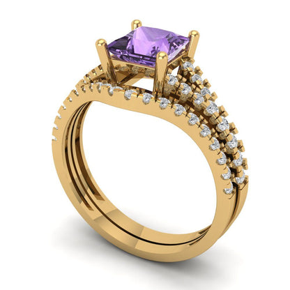 3.4 cttw Princess Cut Simulated Alexandrite Bridal Set - Solid Yellow Gold Engagement Ring & Wedding Band