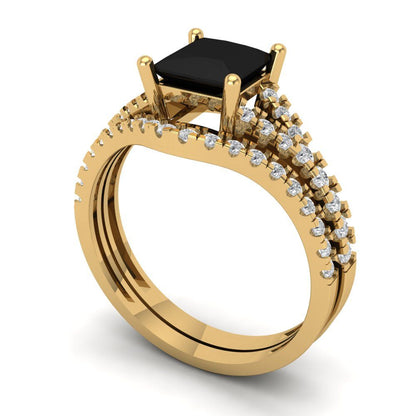 3.4 cttw Princess Cut Natural Onyx Bridal Set - Solid Yellow Gold Engagement Ring & Wedding Band