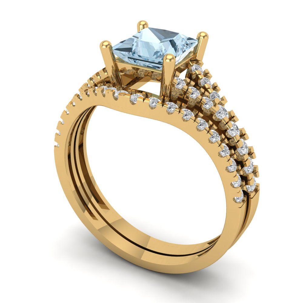 3.4 cttw Princess Cut Natural Sky Blue Topaz Bridal Set - Solid Yellow Gold Engagement Ring & Wedding Band