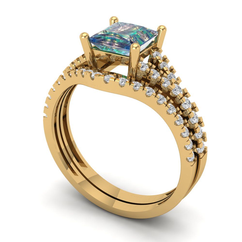 3.4 cttw Princess Cut Blue Moissanite Bridal Set - Solid Yellow Gold Engagement Ring & Wedding Band