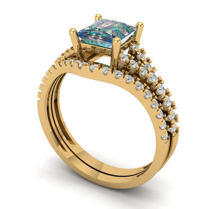 3.4 cttw Princess Cut Blue Moissanite Bridal Set - Solid Yellow Gold Engagement Ring & Wedding Band