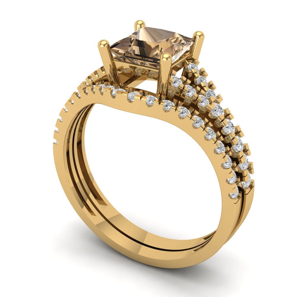 3.4 cttw Princess Cut Simulated Champagne Diamond Bridal Set - Solid Yellow Gold Engagement Ring & Wedding Band