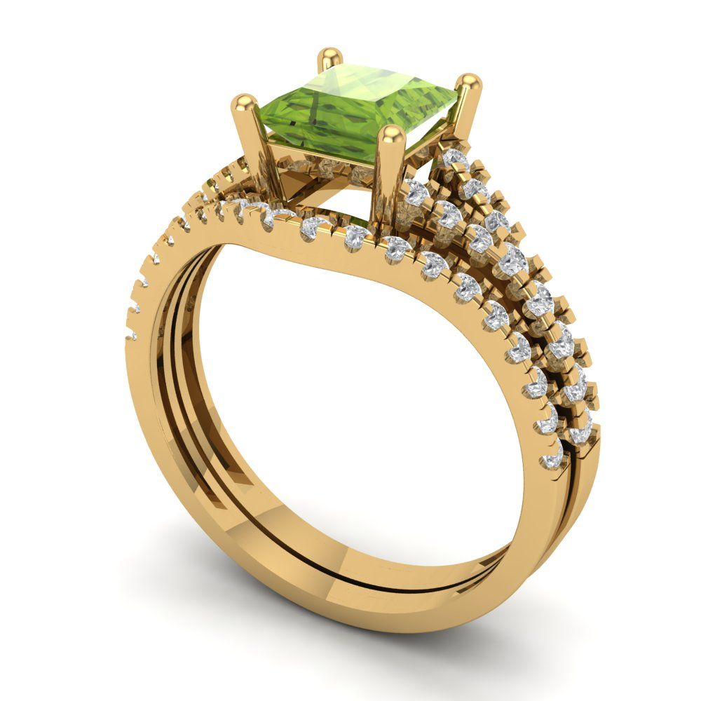 3.4 cttw Princess Cut Natural Peridot Bridal Set - Solid Yellow Gold Engagement Ring & Wedding Band
