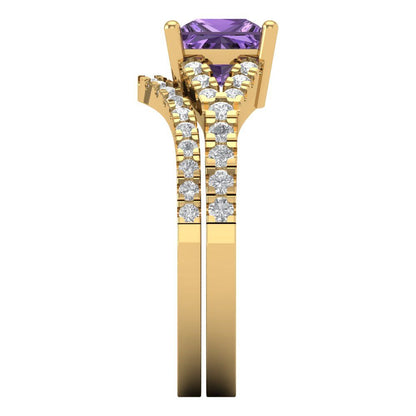 3.4 cttw Princess Cut Simulated Alexandrite Bridal Set - Solid Yellow Gold Engagement Ring & Wedding Band