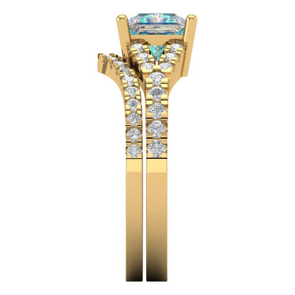 3.4 cttw Princess Cut Blue Moissanite Bridal Set - Solid Yellow Gold Engagement Ring & Wedding Band