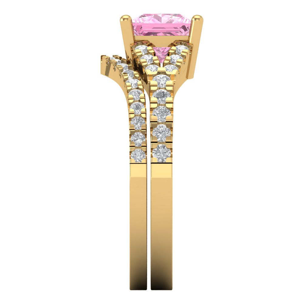 3.4 cttw Princess Cut Simulated Pink Diamond Bridal Set - Solid Yellow Gold Engagement Ring & Wedding Band
