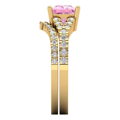 3.4 cttw Princess Cut Simulated Pink Diamond Bridal Set - Solid Yellow Gold Engagement Ring & Wedding Band