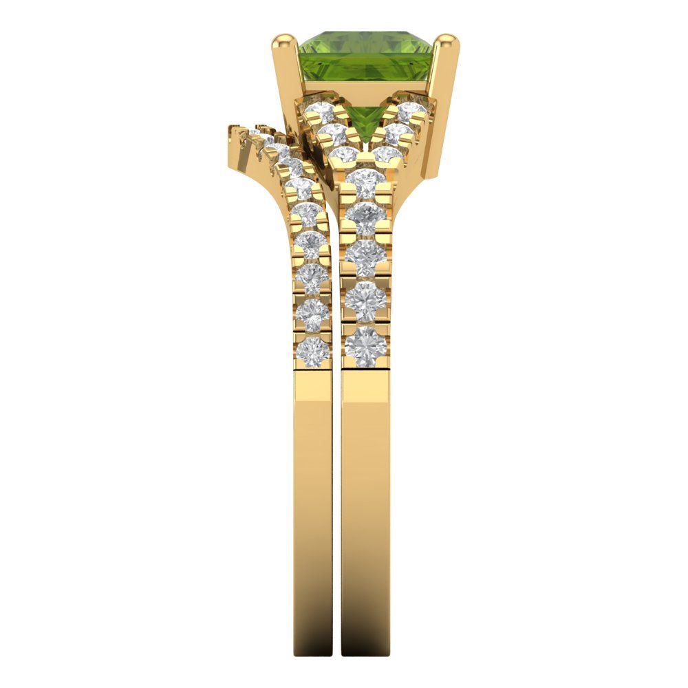 3.4 cttw Princess Cut Natural Peridot Bridal Set - Solid Yellow Gold Engagement Ring & Wedding Band