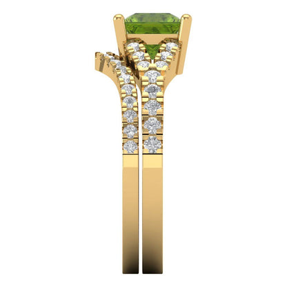 3.4 cttw Princess Cut Natural Peridot Bridal Set - Solid Yellow Gold Engagement Ring & Wedding Band