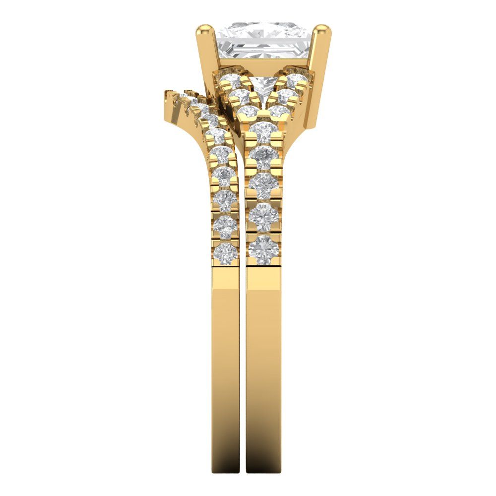 3.4 cttw Princess Cut White Sapphire Bridal Set - Solid Yellow Gold Engagement Ring & Wedding Band