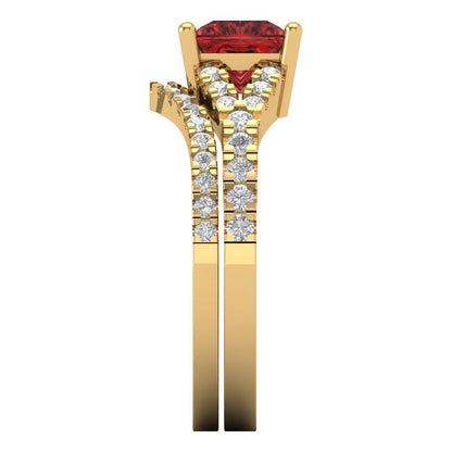 3.4 cttw Princess Cut Natural Garnet Bridal Set - Solid Yellow Gold Engagement Ring & Wedding Band