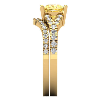 3.4 cttw Princess Cut Simulated Yellow Diamond Bridal Set - Solid Yellow Gold Engagement Ring & Wedding Band
