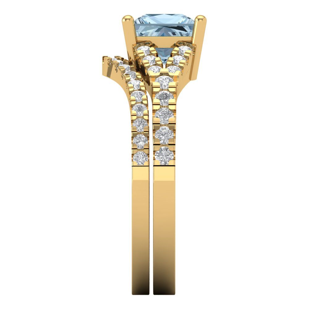 3.4 cttw Princess Cut Natural Aquamarine Bridal Set - Solid Yellow Gold Engagement Ring & Wedding Band