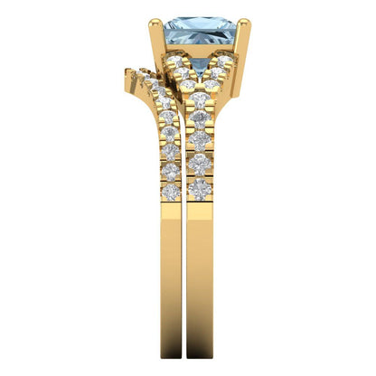 3.4 cttw Princess Cut Natural Aquamarine Bridal Set - Solid Yellow Gold Engagement Ring & Wedding Band