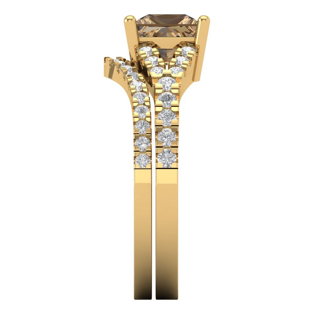 3.4 cttw Princess Cut Simulated Champagne Diamond Bridal Set - Solid Yellow Gold Engagement Ring & Wedding Band