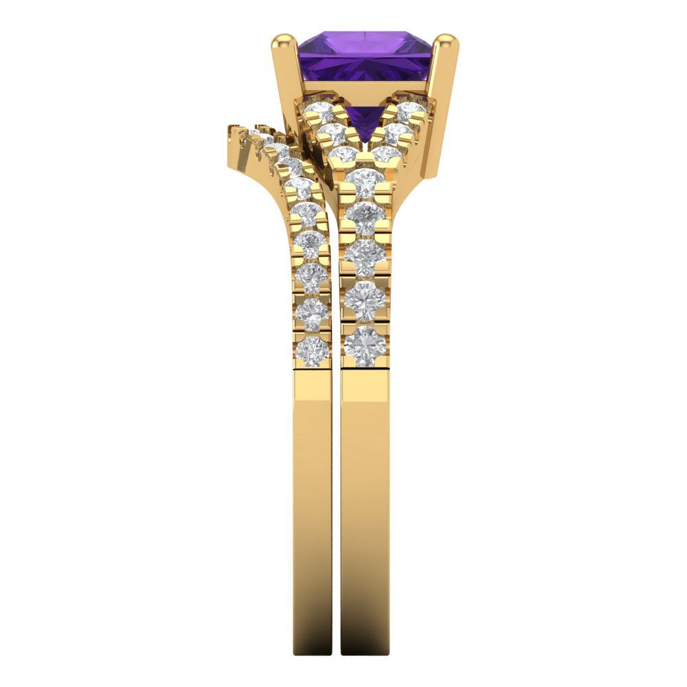 3.4 cttw Princess Cut Natural Amethyst Bridal Set - Solid Yellow Gold Engagement Ring & Wedding Band