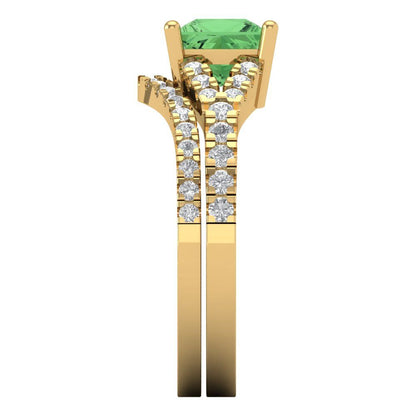 3.4 cttw Princess Cut Simulated Green Diamond Bridal Set - Solid Yellow Gold Engagement Ring & Wedding Band