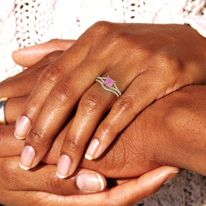 3.4 cttw Princess Cut Simulated Pink Diamond Bridal Set - Solid Yellow Gold Engagement Ring & Wedding Band