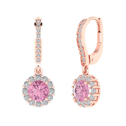 2.235 ctw Pink Zirconia Drop Dangle Earrings | 6mm Round Cut White Gold Lever Back | April Birthstone
