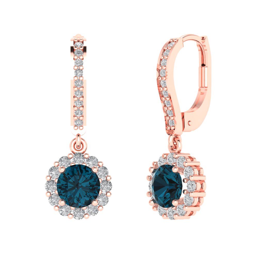 2.235 ctw London Blue Topaz Drop Dangle Earrings | 6mm Round Cut White Gold Lever Back | December Birthstone