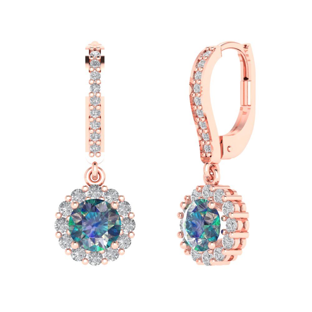 2.235 ctw Blue Moissanite Drop Dangle Earrings | 6mm Round Cut White Gold Lever Back | April Birthstone