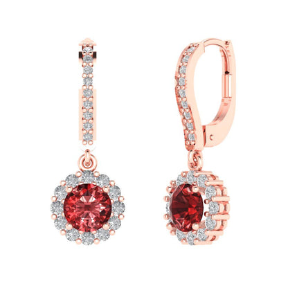 2.235 ctw Garnet Drop Dangle Earrings | 6mm Round Cut White Gold Lever Back | January Birthstone