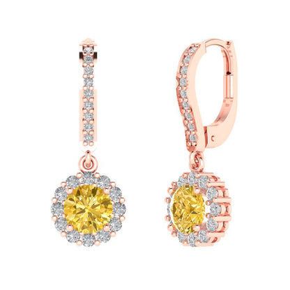 2.235 ctw Yellow Zirconia Drop Dangle Earrings | 6mm Round Cut White Gold Lever Back | April Birthstone
