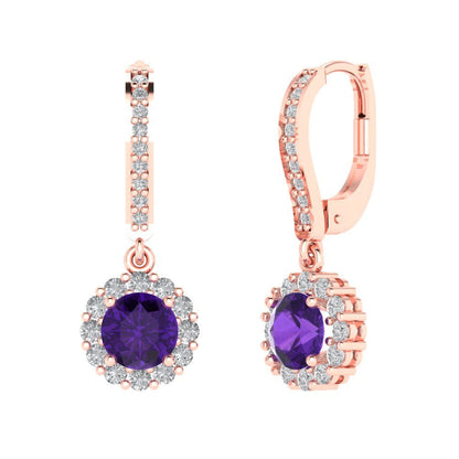 2.235 ctw Amethyst Drop Dangle Earrings | 6mm Round Cut White Gold Lever Back | February Birthstone