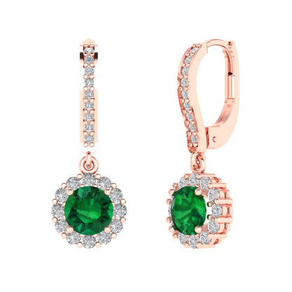 2.235 ctw Emerald Drop Dangle Earrings | 6mm Round Cut White Gold Lever Back | May Birthstone