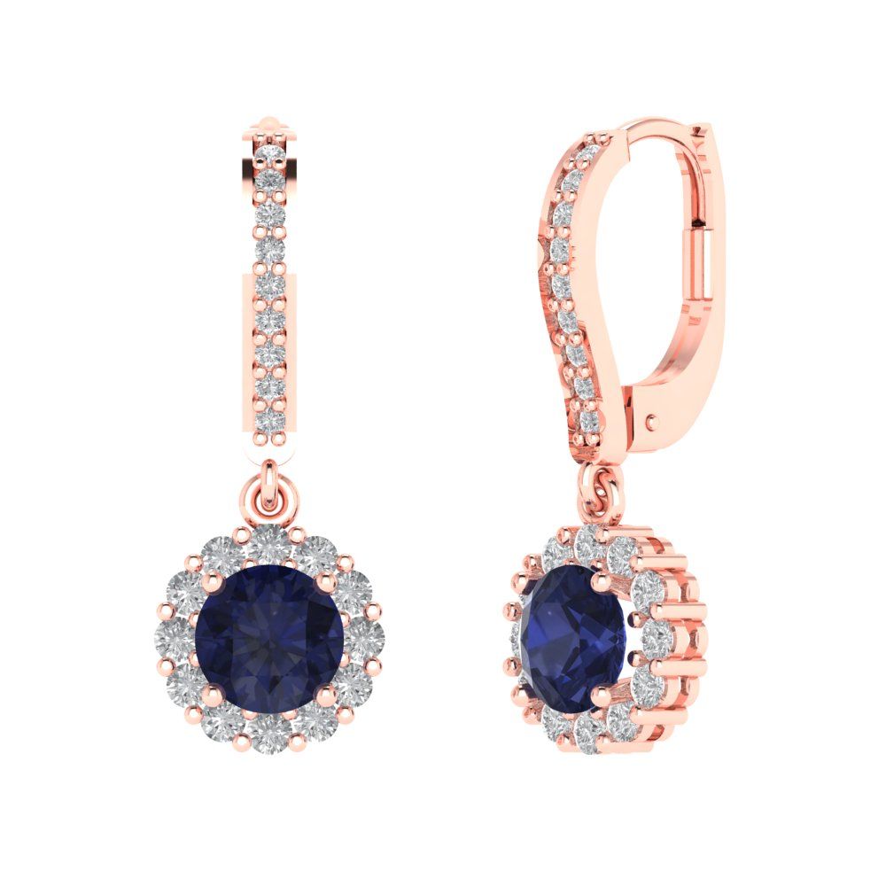 2.235 ctw Blue Sapphire Drop Dangle Earrings | 6mm Round Cut White Gold Lever Back | September Birthstone