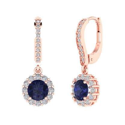 2.235 ctw Blue Sapphire Drop Dangle Earrings | 6mm Round Cut White Gold Lever Back | September Birthstone