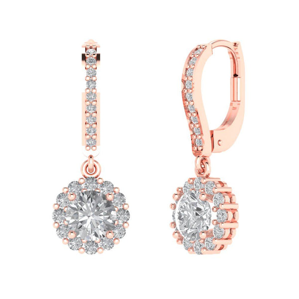 2.0 ct Brilliant Round Cut Halo Drop Dangle Natural Diamond Stone Clarity SI1-2 Color G-H Rose Gold Earrings Lever Back
