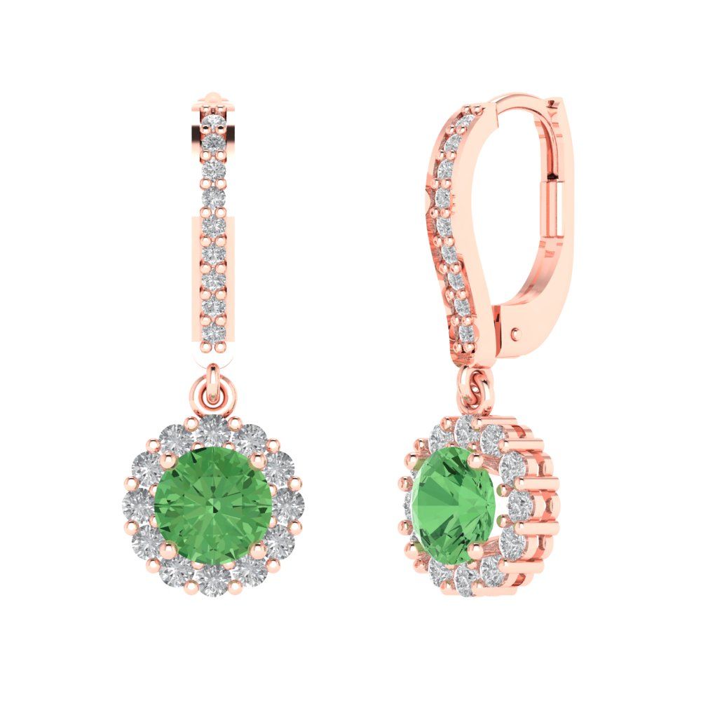 2.235 ctw Green Zirconia Drop Dangle Earrings | 6mm Round Cut White Gold Lever Back | April Birthstone