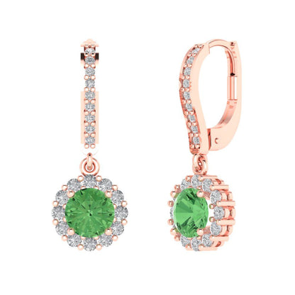 2.235 ctw Green Zirconia Drop Dangle Earrings | 6mm Round Cut White Gold Lever Back | April Birthstone