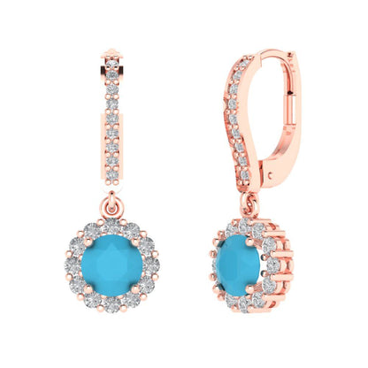 2.235 ctw Turquoise Drop Dangle Earrings | 6mm Round Cut White Gold Lever Back | December Birthstone