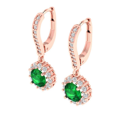 2.235 ctw Emerald Drop Dangle Earrings | 6mm Round Cut White Gold Lever Back | May Birthstone